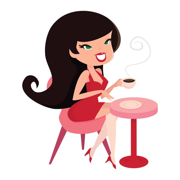 Cartoon Retro Pinup Girl with Coffee - Stok Vektor