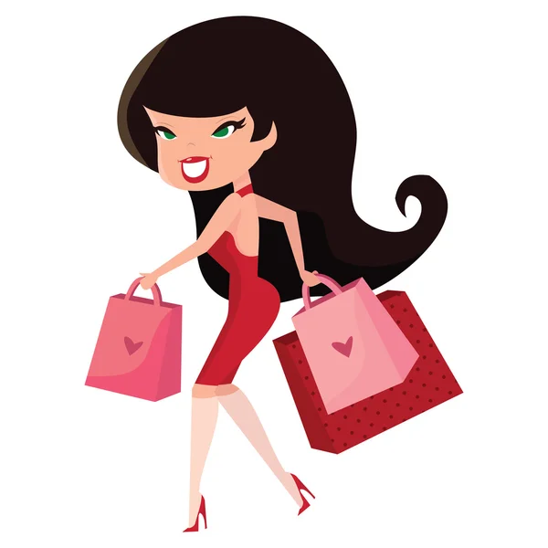 Dibujos animados retro pinup chica con bolsas de compras — Vector de stock