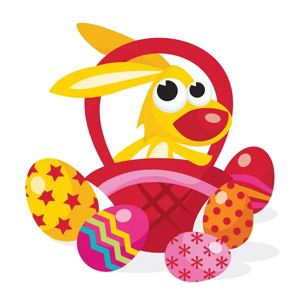 Conejito de Pascua de dibujos animados en la cesta — Vector de stock