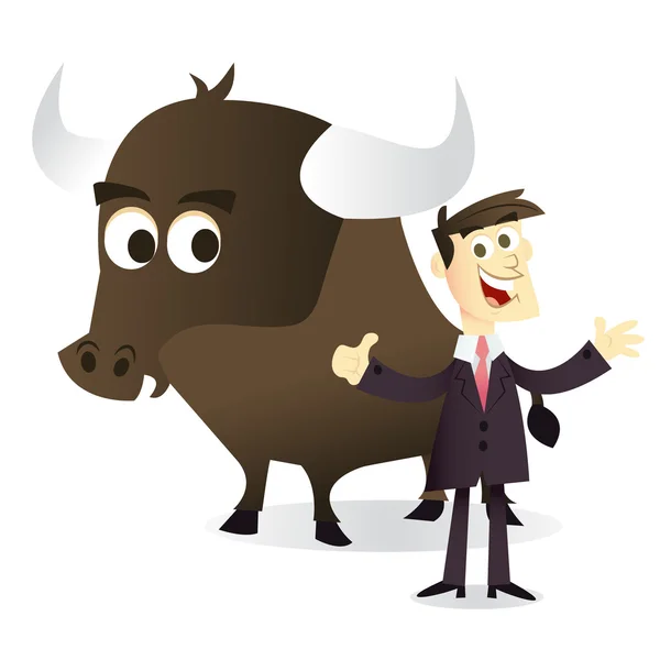 Dibujos animados Hombre de negocios Loving Bull Market — Vector de stock