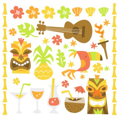 Retro Hawaiian Luau Tiki parti tasarım öğeleri
