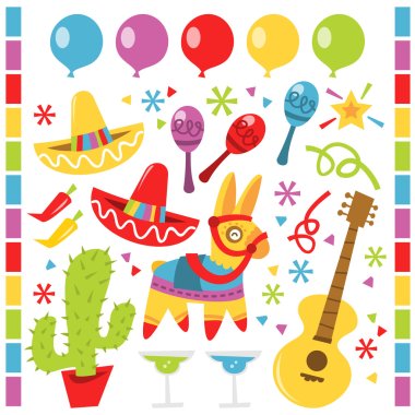Retro Mexican fiesta party design elements clipart