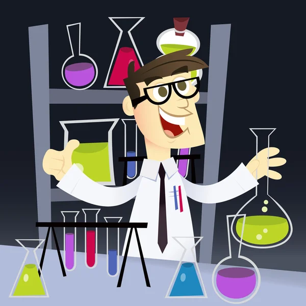 Cartoon Geek nel laboratorio scientifico — Vettoriale Stock