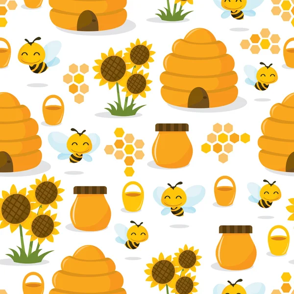 Happy Honey Bee Seamless Pattern Background — Stock Vector