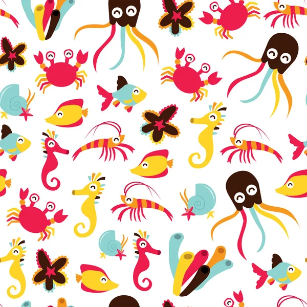 Happy Sea Creatures Seamless Pattern Background — Stock Vector