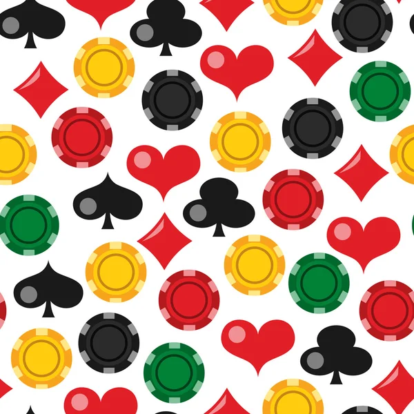 カードのスーツとカジノのチップのシームレスなパターン背景 — ストックベクタ