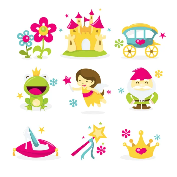 Cuento de hadas caprichoso princesa icono conjunto — Vector de stock