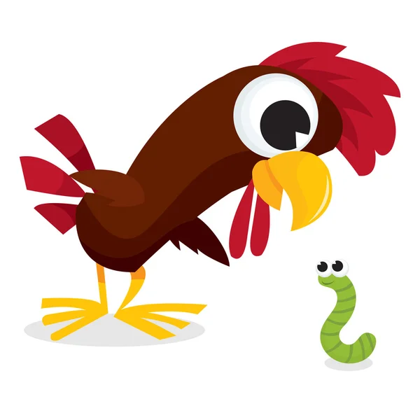 Γελοιογραφία κόκορας κοτόπουλο κοιτάζοντας κάτω σκουλήκι — Διανυσματικό Αρχείο