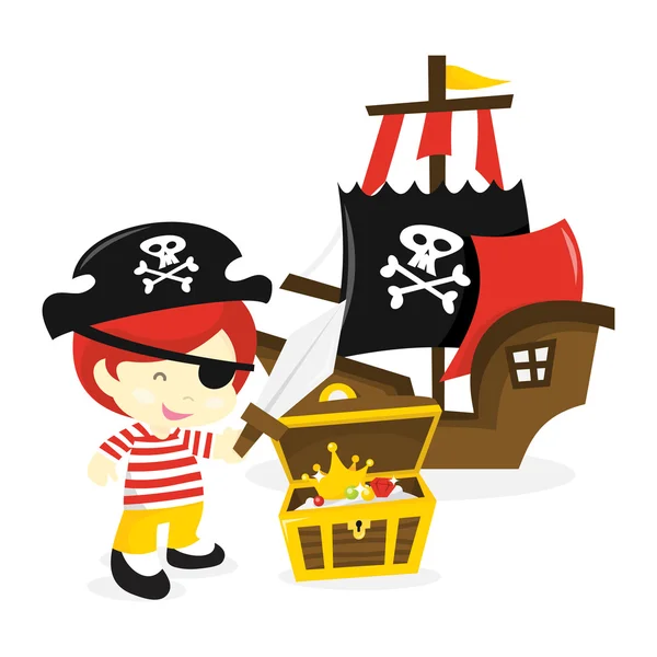 Cartoon Pirata Boy Navio e Tesouro —  Vetores de Stock