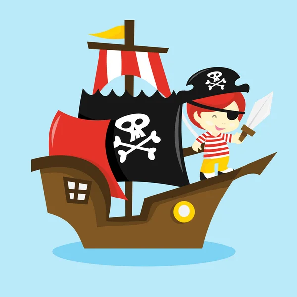 Dessin animé pirate enfant bateau — Image vectorielle