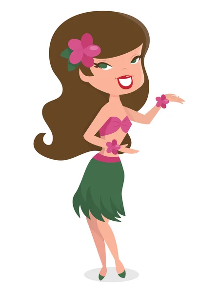 Dibujos animados retro pin hasta hawaiano chica hula bailando — Vector de stock