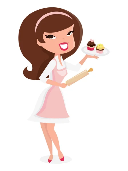 Cartoon Retro Pin Up Girl Baking Cupcakes - Stok Vektor