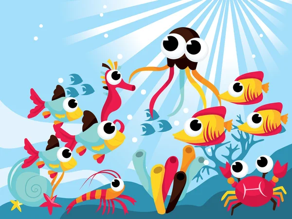 Criaturas de dibujos animados bajo el mar — Vector de stock