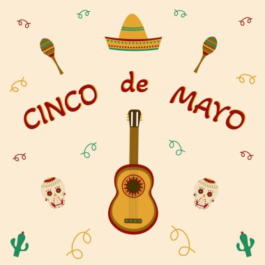 Cinco de mayonez tebrik kartı, gitar, şapka, kafatası, karıştırıcı ve kaktüs..