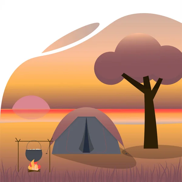 Camping at the evening beach. Local tourism. — Stock Vector