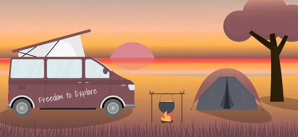 Caravan Camping Evening Beach Local Tourism Concept Vector Illustration — Stock Vector