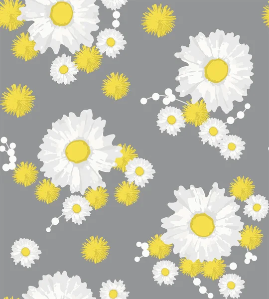 Motif Sans Couture Camomille Pissenlit Sur Fond Gris Illustration Vectorielle — Image vectorielle