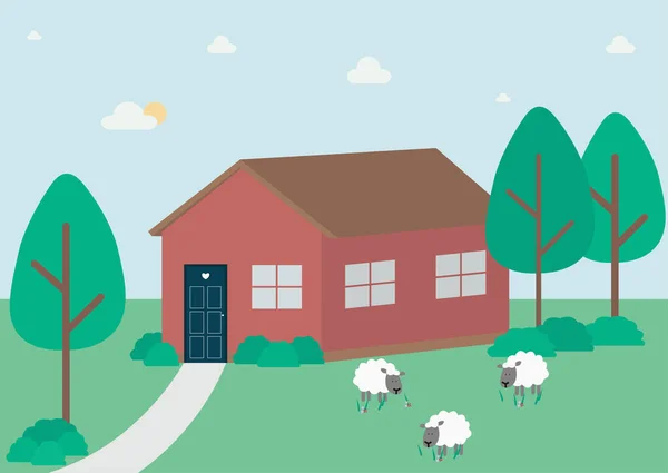 Paisagem rural com uma casa, árvores e ovelhas no campo. Ilustração do conceito de estilo plano vetorial. — Vetor de Stock