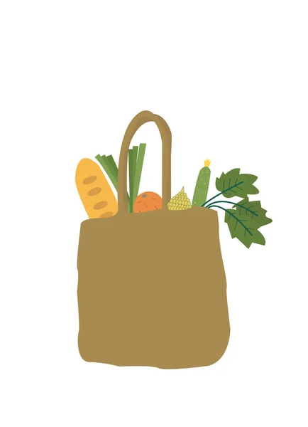 Saco ecológico com legumes, frutas e pão para uma vida ecológica. Ilustração do conceito de resíduo zero. — Vetor de Stock