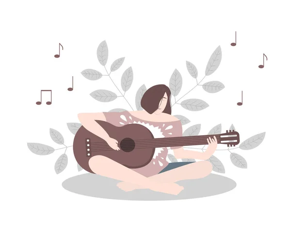 Young Woman Sitting Lotus Position Plants Playing Guitar Concept Vector — Stock Vector