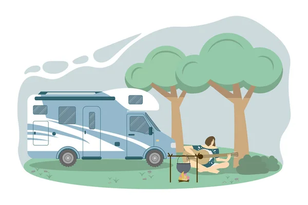 Caravan Forest Local Summer Vacation Woman Playing Guitar Camping Place — Stock Vector