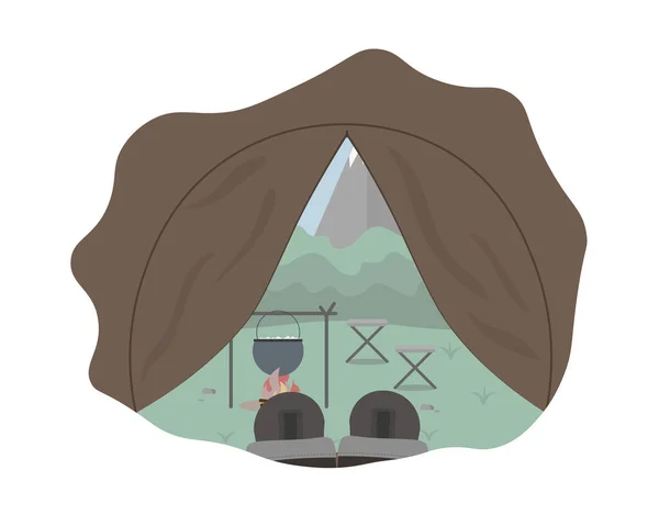 View from inside the tourist camping tent in the forest and mountains with boots. — Stock Vector