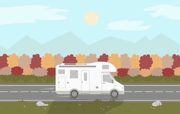 Přívěs nebo karavana jede na dálnici na podzimním pozadí. — Stockový vektor