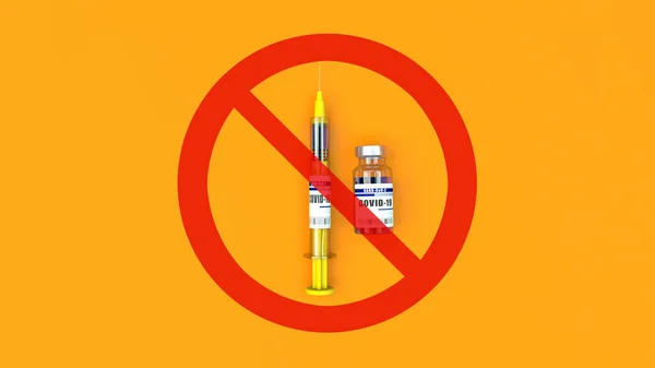 概念疫苗注射停止注射注射器和一瓶带有红色禁药标志的Covid 19疫苗 3D说明 — 图库照片