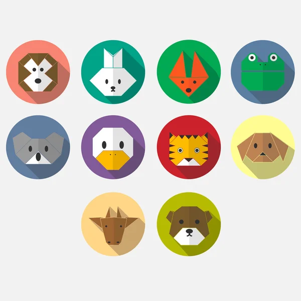 Lindo origami animales plana larga sombra icono conjunto — Vector de stock