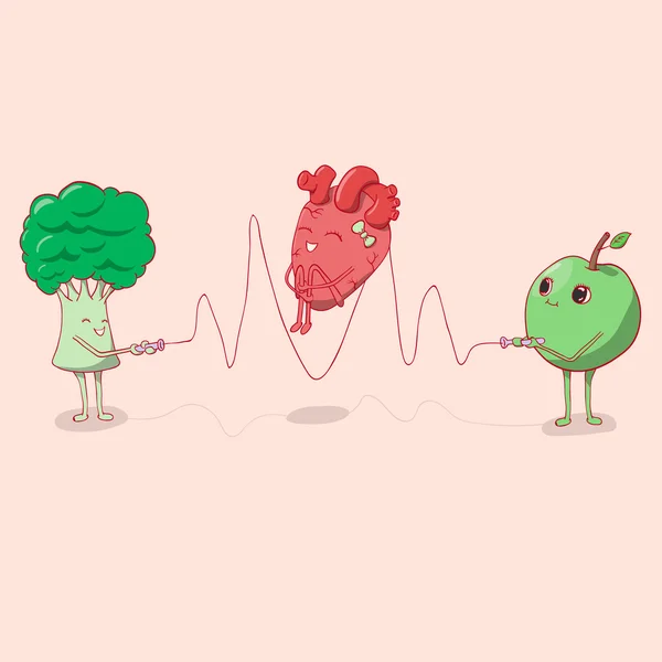 Corde à sauter cardiaque qui tenait la pomme et le brocoli . — Image vectorielle