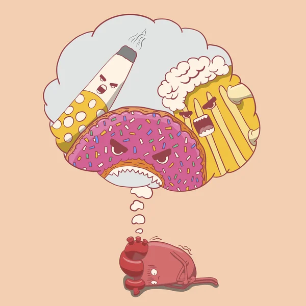 Personagem coração dos desenhos animados com medo de álcool, donut e cigarro —  Vetores de Stock