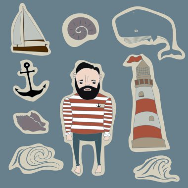 marine icons, symbol and stickers vector set