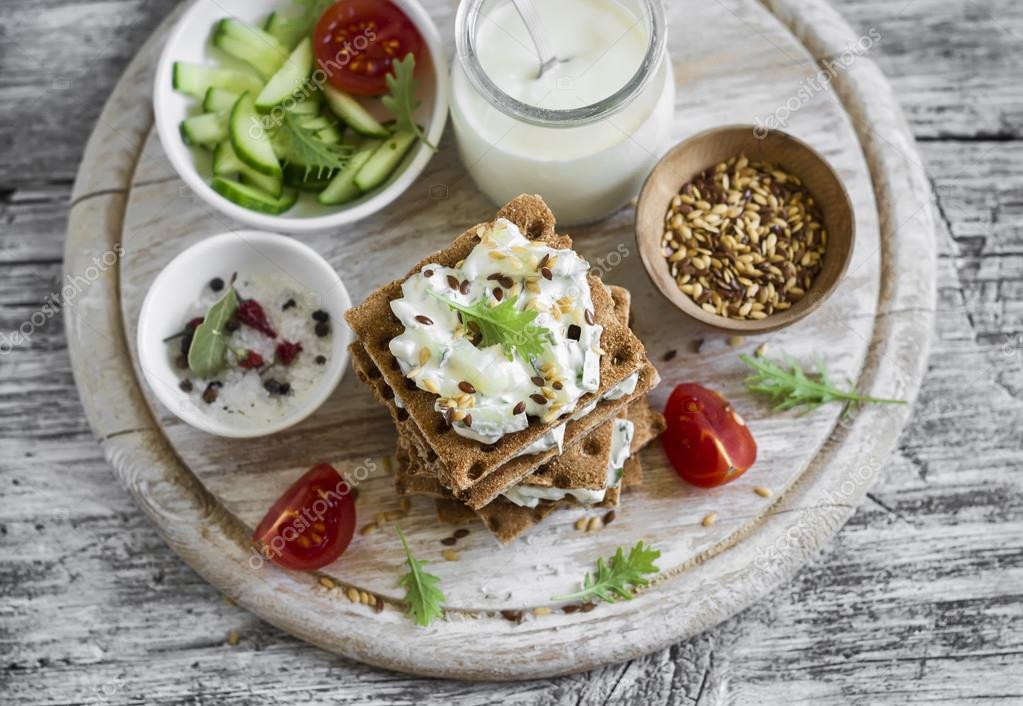 Healthy Snack Rye Crackers Cottage Cheese With Cucumber And