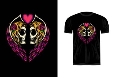 Tişört tasarımı ve çıkartma tasarımı için ikiz kafatası açısı çizimi