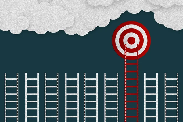 Achieve Goals Concept - Realistic Felt 3D Illustration With Target, Ladders And Clouds - Isolated On Dark Background