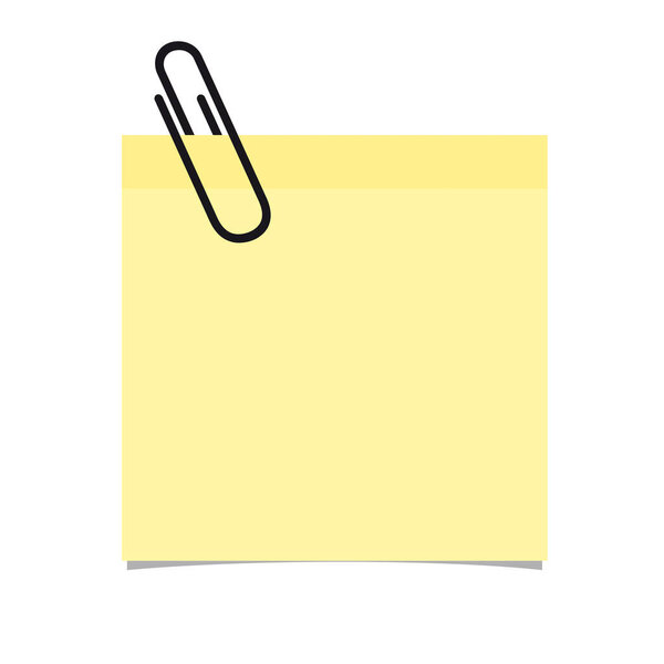 Yellow Stick Note With Paperclip On White Background - Vector Illustration