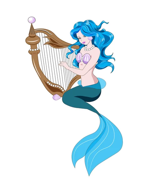 Kleine Meerjungfrau und Harfe — Stockvektor