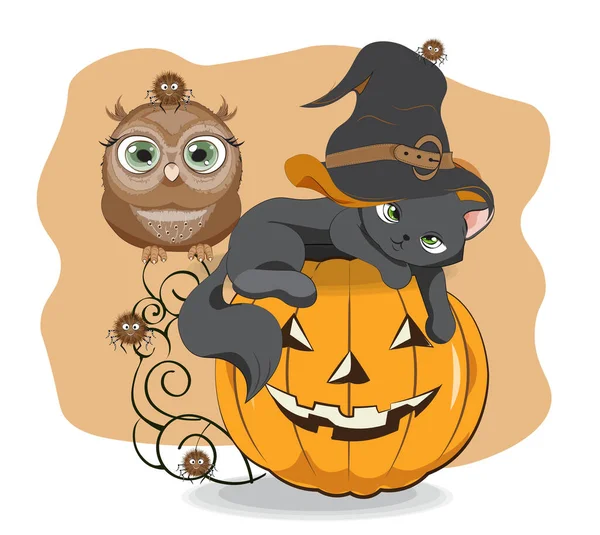 Halloween Gato Negro Calabaza Sombrero Búho — Vector de stock