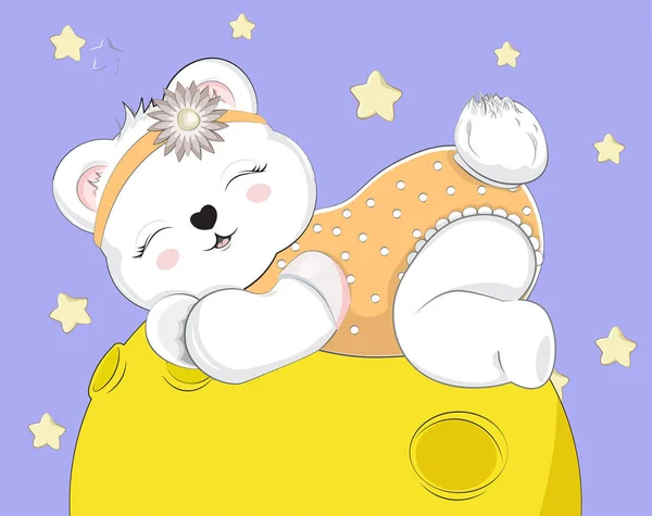 Dormir Niña Osito Peluche Luna Imagen Estilo Dibujo Mano Para — Vector de stock