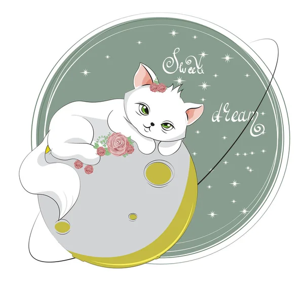 Osamělá Spící Kočička Koťátko Květinách Růží Měsíci Obrázek Ručním Kreslení — Stockový vektor