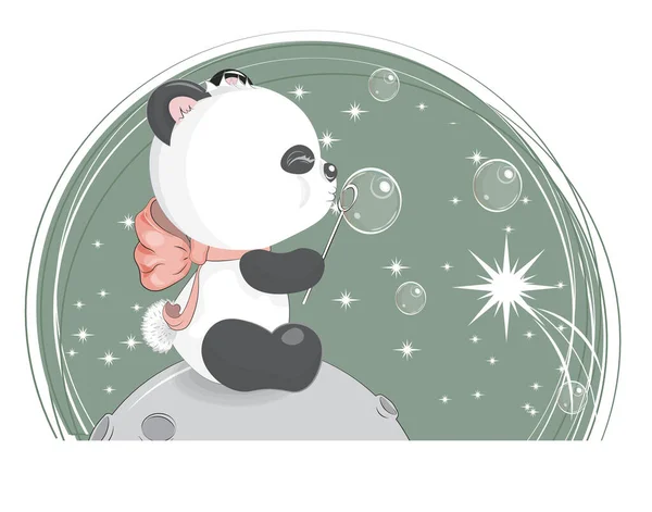 Welterusten Baby Teddy Panda Beer Met Strik Mppn Zeepbellen Foto — Stockvector