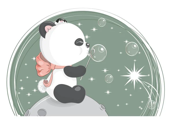 Buenas Noches Bebé Osito Peluche Panda Con Lazo Mppn Pompas — Archivo Imágenes Vectoriales
