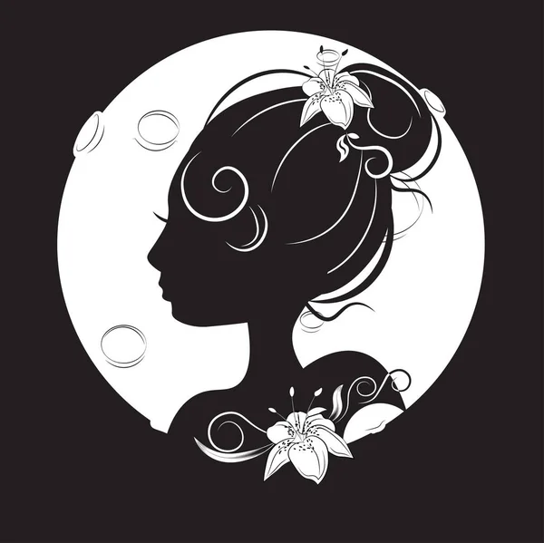 在月亮背景下的女孩肖像轮廓 有时尚的发型和花朵 在夜空中 沙龙的符号标签 美容品 派对邀请 — 图库矢量图片