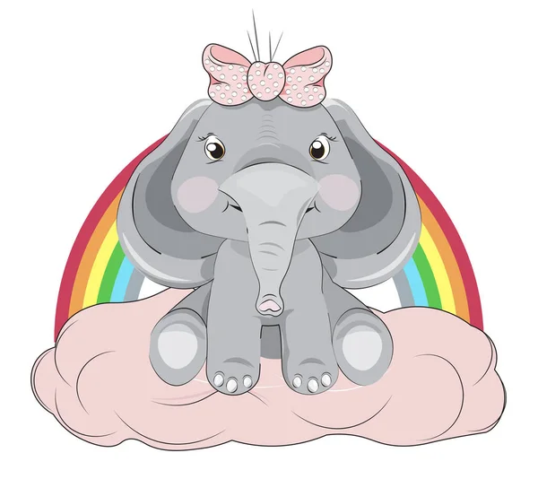 Precioso Bebé Dibujado Elefante Wiht Arco Nube Rosa Rainbaw Imagen — Archivo Imágenes Vectoriales