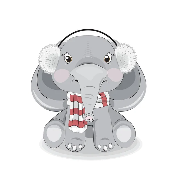 Lovely Drawn Baby Elephant Headphones Scarf Picture Hand Drawing Cartoon — Διανυσματικό Αρχείο