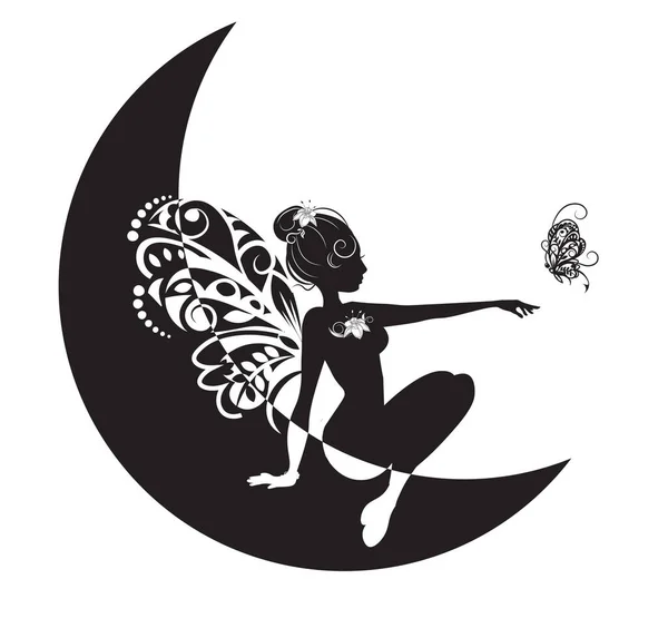 fairy silhouette and butterfly on moon, black and white, picture in hand drawing cartoon style for t-shirt wear fashion print design, greeting card, postcard. baby shower. party invitation