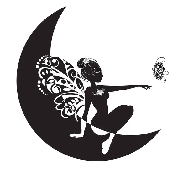 Fairy Silhouette Butterfly Moon Black White Picture Hand Drawing Cartoon Gráficos Vectoriales