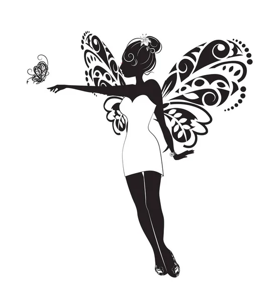 Silhouette Beautiful Slender Fairy Girl White Dress Butterfly Picture Hand — Stock Vector