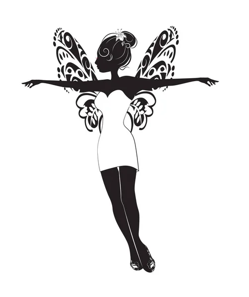 Silhouette Beautiful Flying Fairy Girl White Dress Butterfly Wings Picture — Vector de stock