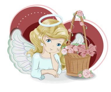 Valentines Day card cute basket with flower roses and blomde girl angel, picture in hand drawing cartoon style for greeting. postcard